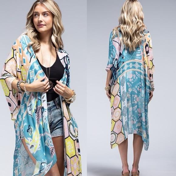 41. Last 2!🛑 COST Bohemian floral kimono cardigan Multicolor pink blue colorful - Picture 1 of 6